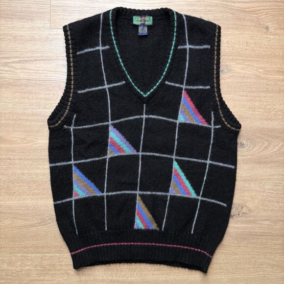 VTG 90s Alexander Julian Colours Shetland Wool Sweater Vest Sz L Black Geometric - Picture 6 of 6